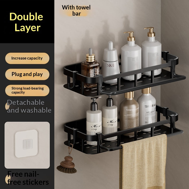 No-drill Bathroom Shelf Plastic Black with double layer design and towel bar for efficient bathroom storage.