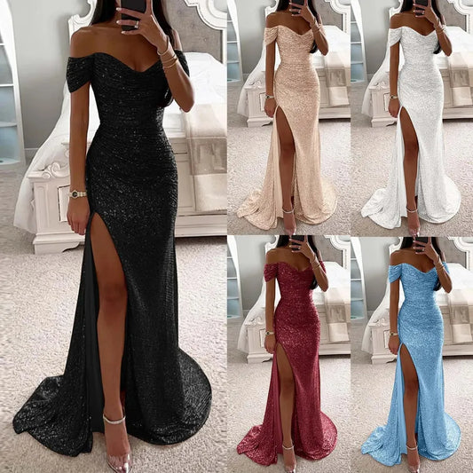 Female Creative Solid Color Sparkling Slit Dress in black, champagne, white, blue, red, and nude options displayed.