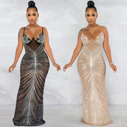 Fashion Sexy Perlenbesetztes Trägerloses Transparentes Mesh-Kleid