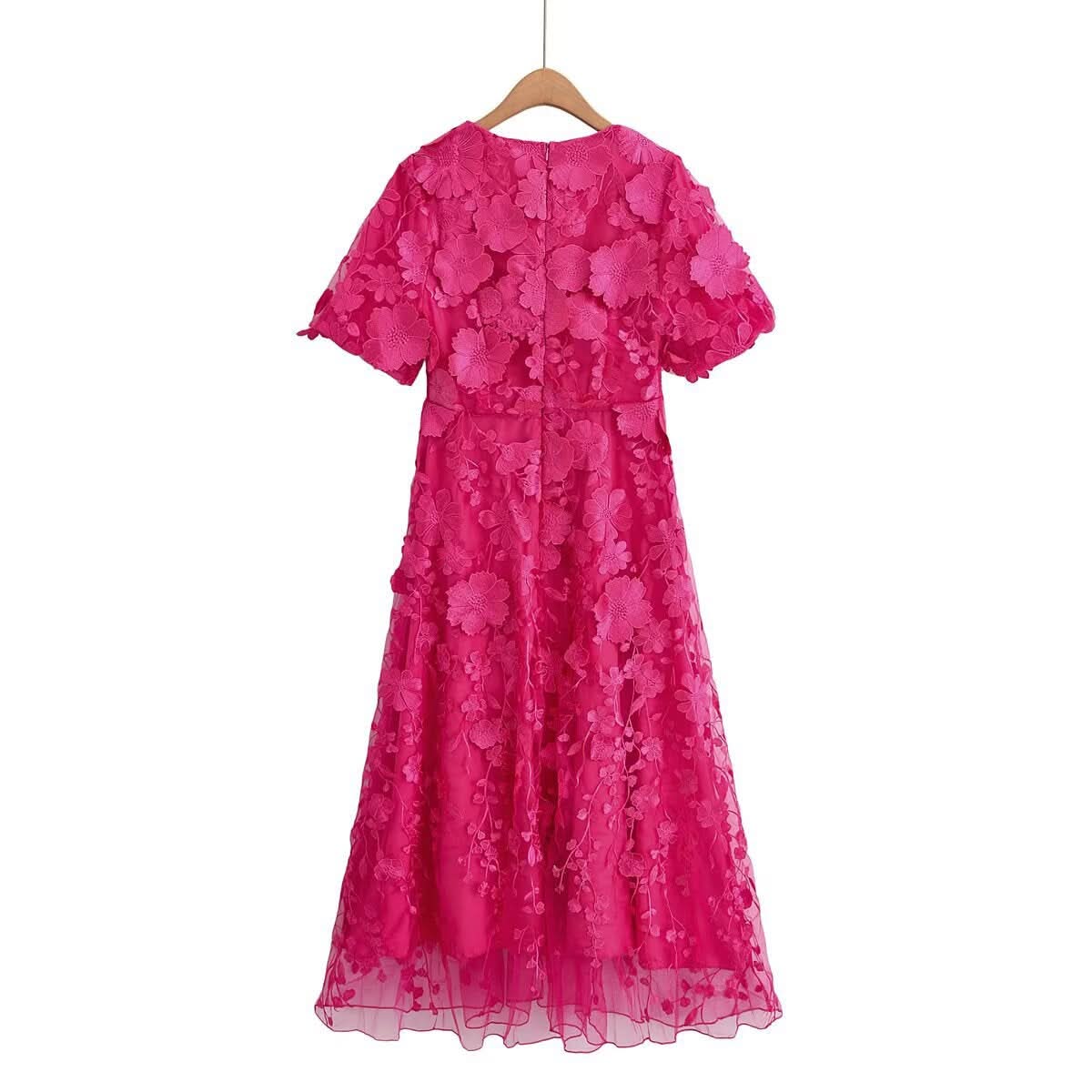 Three dimensional flower V-neck short sleeved long dress