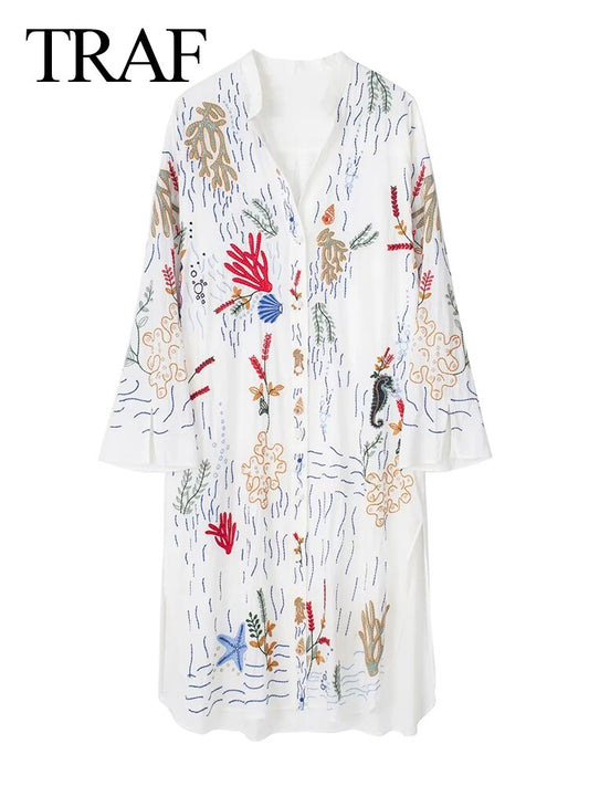 TRAF Women's Retro Shirts Cotton Embroide Long Sleeve Blouse Loose All-Match Female Blusa Casual Office Lady Blouse Female Top