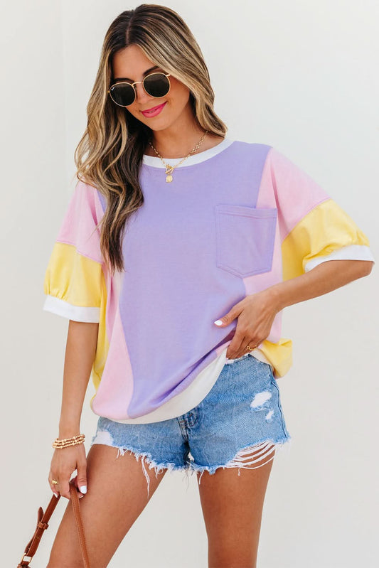 Purple Color Block Patchwork Half Sleeve Oversized T Shirt
