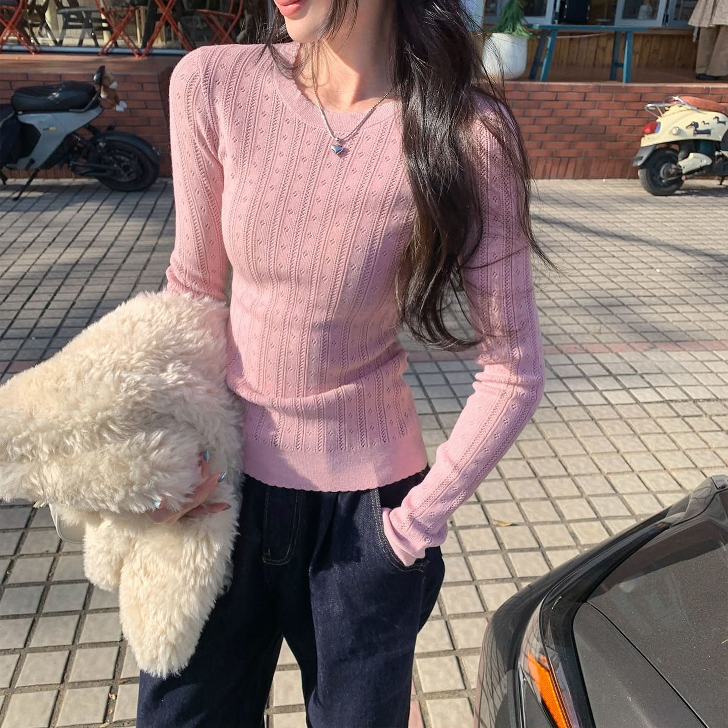 Unique Hollow Out Round Neck Slim Fit Knit Top for Women, Elegant and Slimming Innerwear