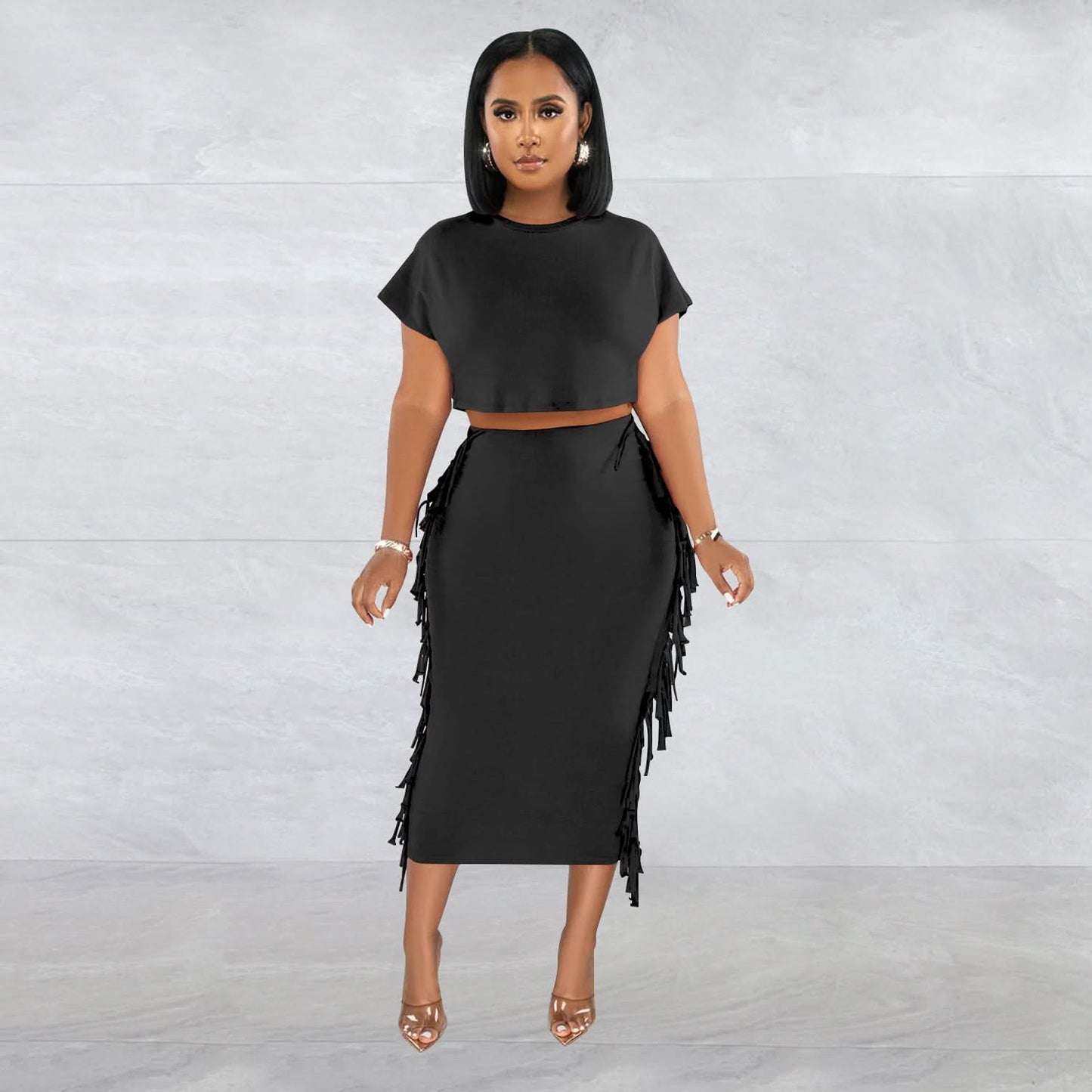 FashionableStyle Solid Color Fringe Round Neck Short Sleeve Long Dress Two-Piece Set