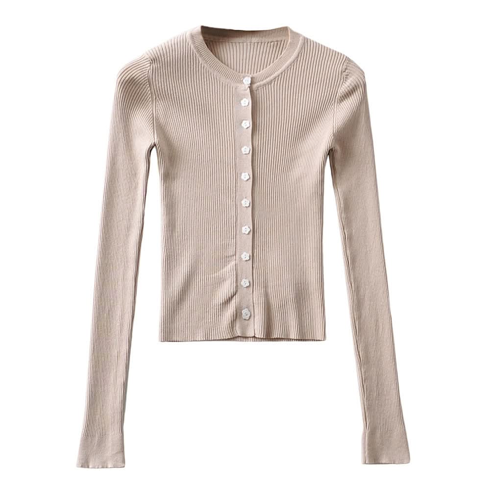 Round neck buckle long sleeved elastic slim fit top