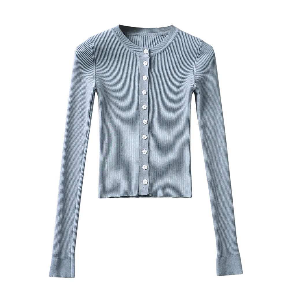 Round neck buckle long sleeved elastic slim fit top