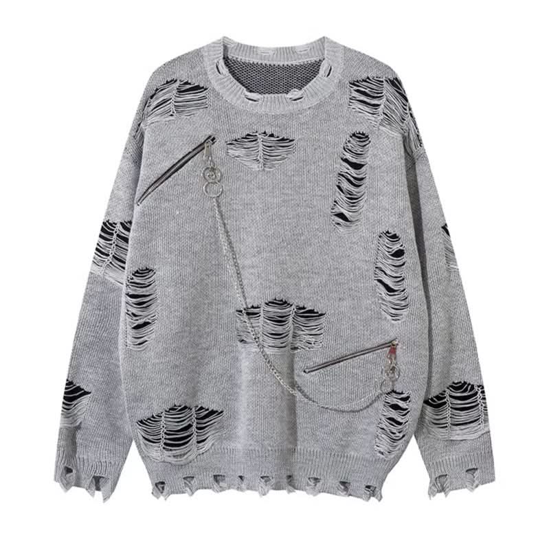 Knitted Sweater with Ripped Chain Splicing  Casual Couple's Loose Sweater