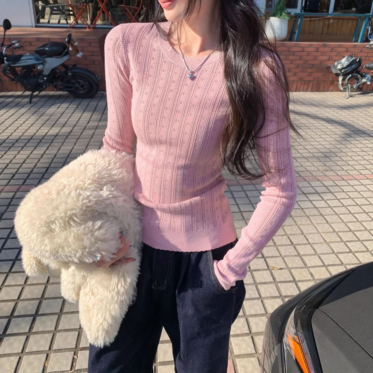 Unique Hollow Out Round Neck Slim Fit Knit Top for Women, Elegant and Slimming Innerwear