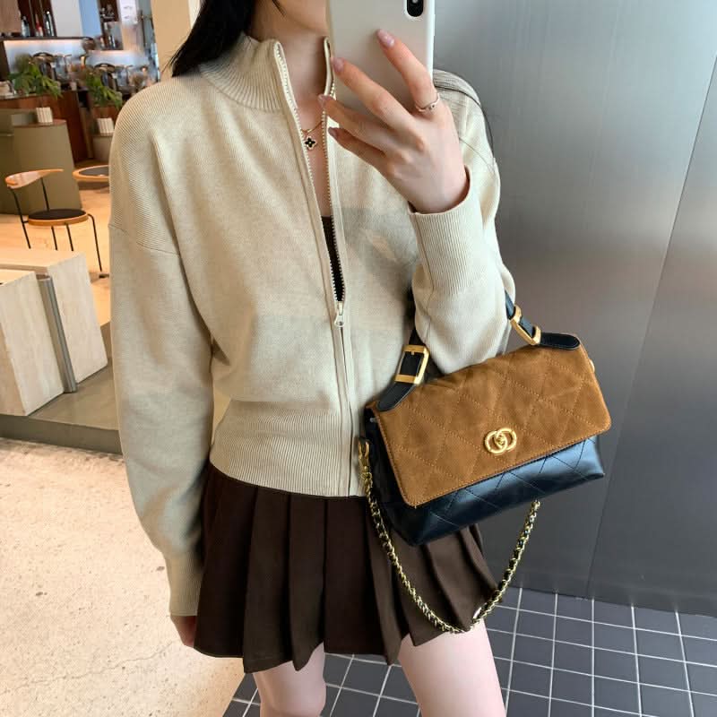 Chic Zippered Knit Cardigan Coat for Women, Long Sleeve, Stand Collar, Short Length