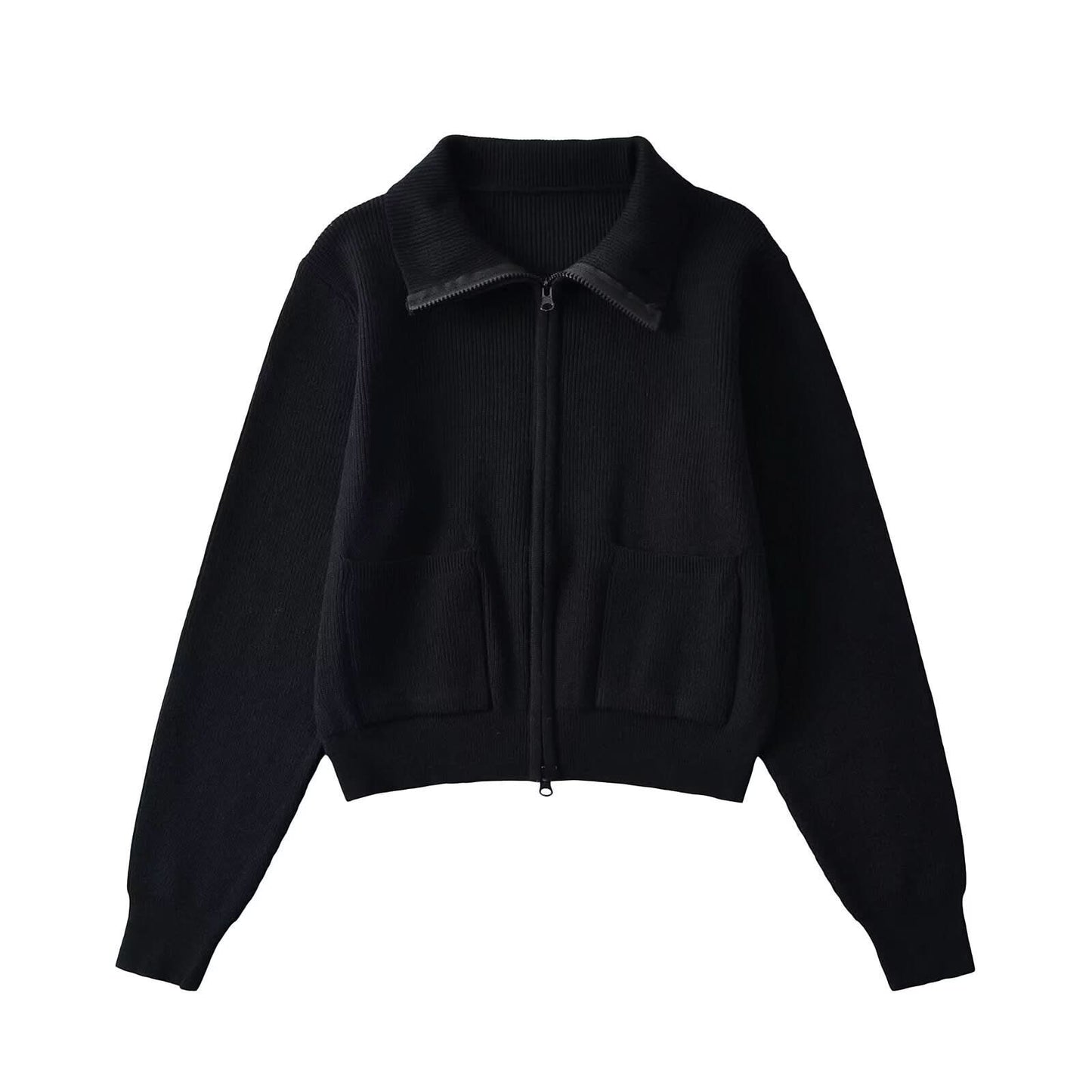 Zipper lapel long sleeved pocket top