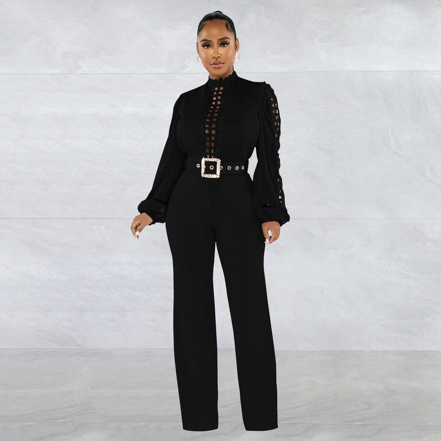 Solid Color Long Sleeve Belted Ruffle Cut-out Trousers Jumpsuit