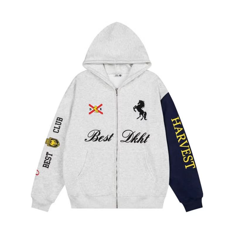 Color-block Embroidery Hoodie Loose Open Front Sweatshirt Casual Couple Fashion Coat