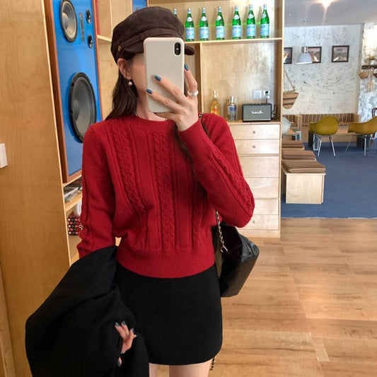 Cable Knit Crewneck Sweater Long Sleeve Inner Layer Knitwear for Women Unique Single Wear Top