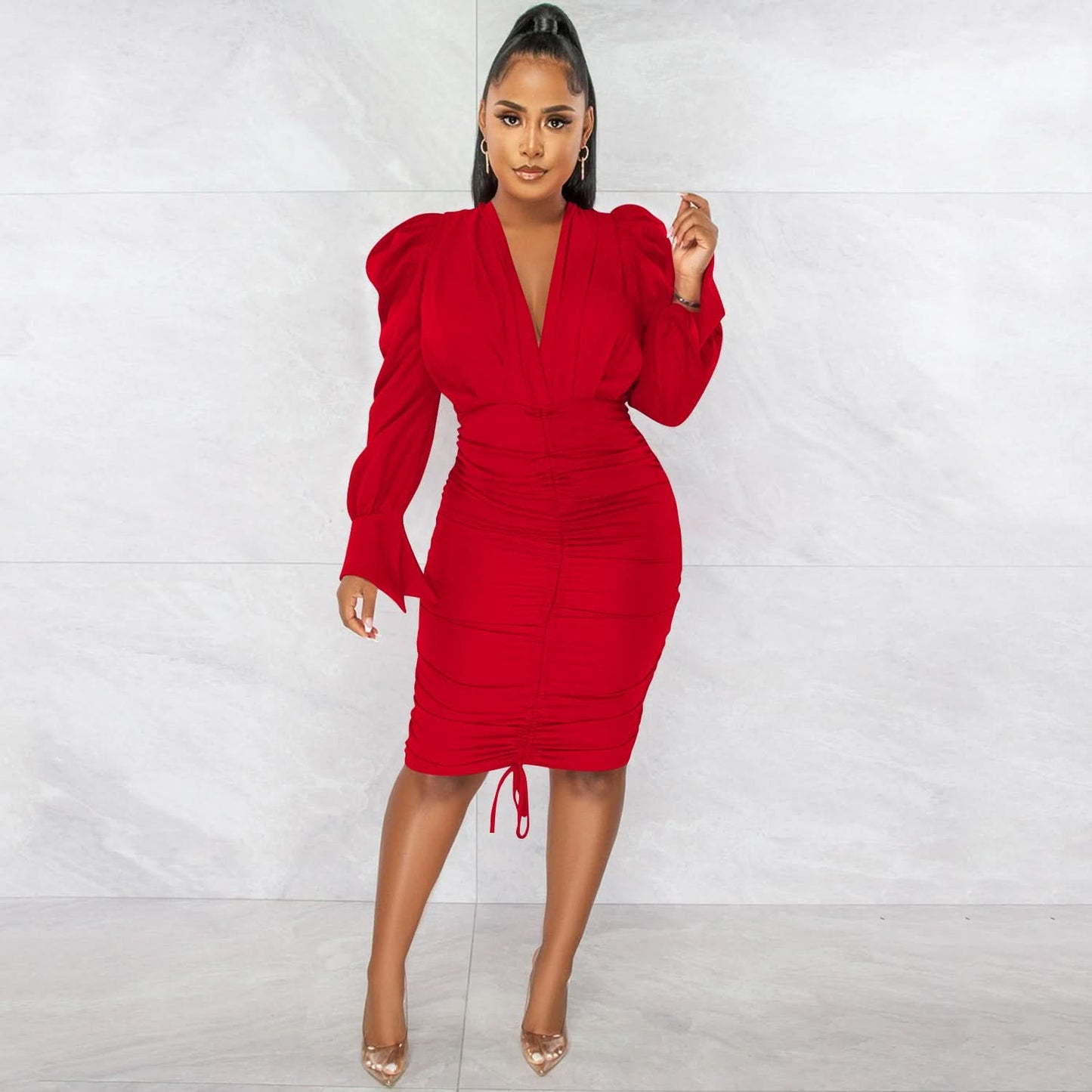 Fashionable Casual Solid Color Long Sleeve Pleated V-Neck Dress for Women