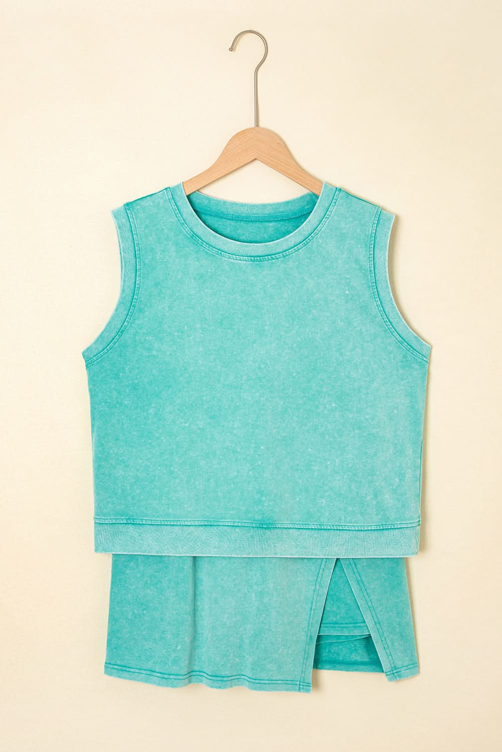 Mint Green 2 Pieces Mineral Wash Cotton Tank Top Lined Split Skirt Set
