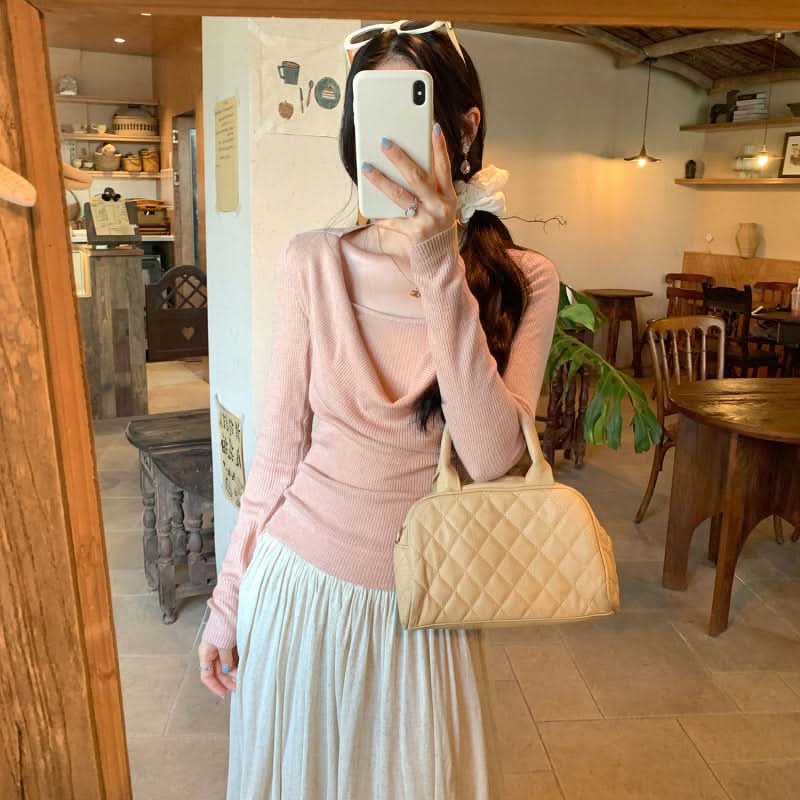 Choker Neckline Sexy Cami Inner Layer Long Sleeve Knit Cardigan Two-Piece Set