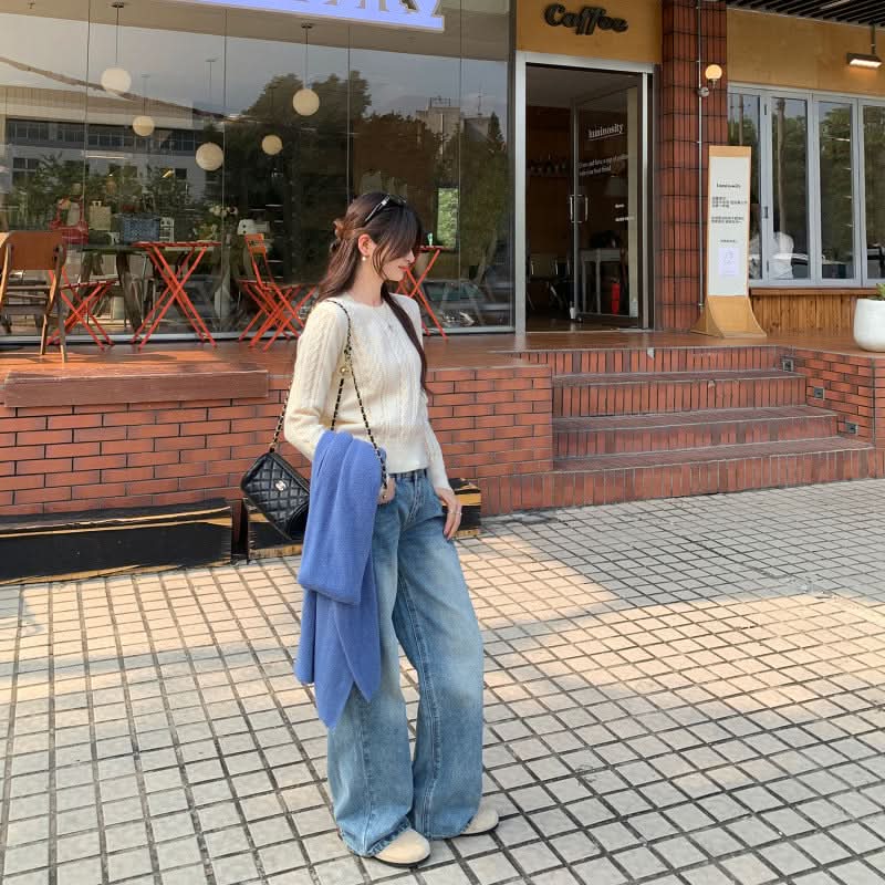 Cable Knit Crewneck Sweater Long Sleeve Inner Layer Knitwear for Women Unique Single Wear Top
