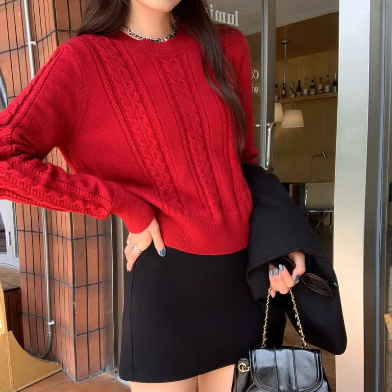 Cable Knit Crewneck Sweater Long Sleeve Inner Layer Knitwear for Women Unique Single Wear Top