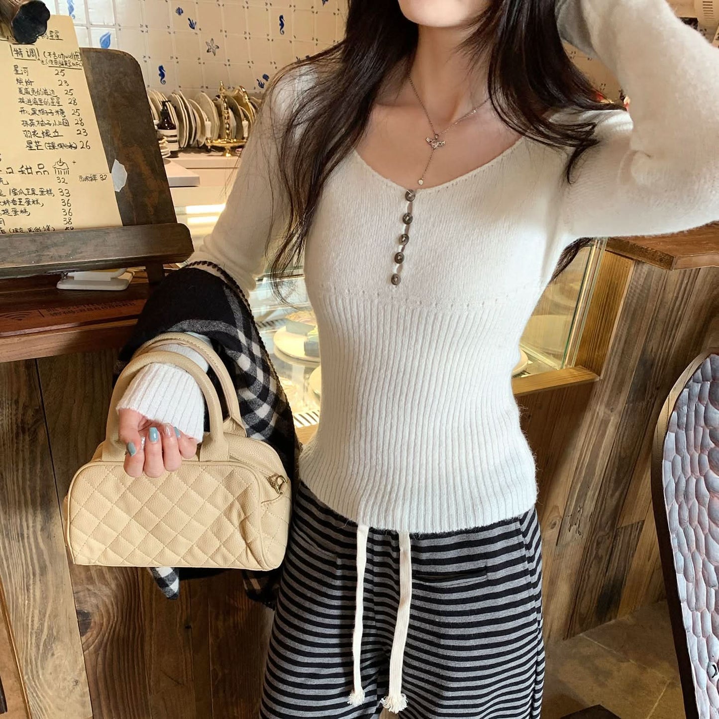 Pink V-Neck Ribbed Knit Sweater for Women, Slim Fit, Short Top Wear