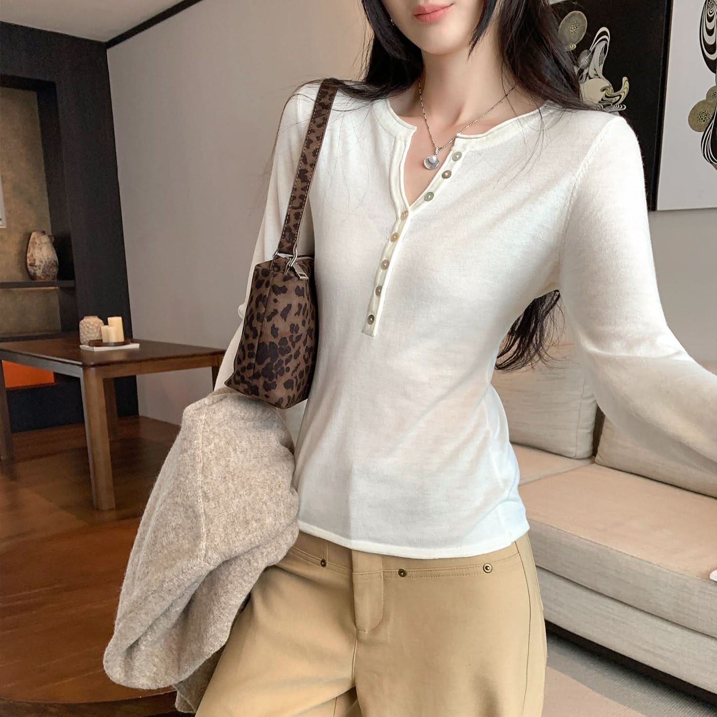 Henry Neck Long Sleeve Inner Layer Women's T-Shirt,  Slim Fit, Charming Half-Open Collar Top