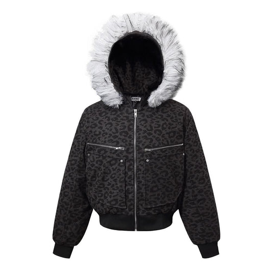 Kurze Kapuzenjacke aus Baumwolle mit Bergmotiv und Leopardenmuster