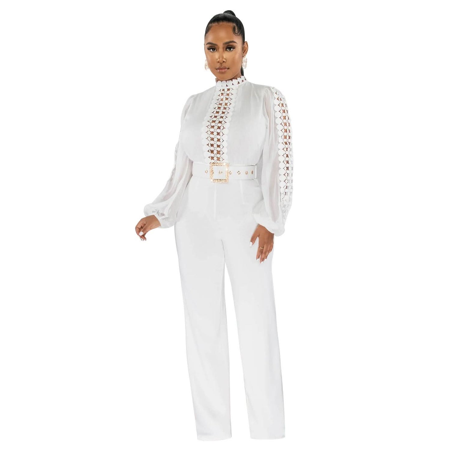 Solid Color Long Sleeve Belted Ruffle Cut-out Trousers Jumpsuit