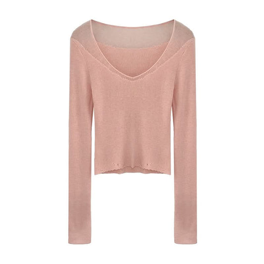 Tweed-Style Sheer Lace Trim V-Neck Lightweight Long Sleeve Inner Knit Top