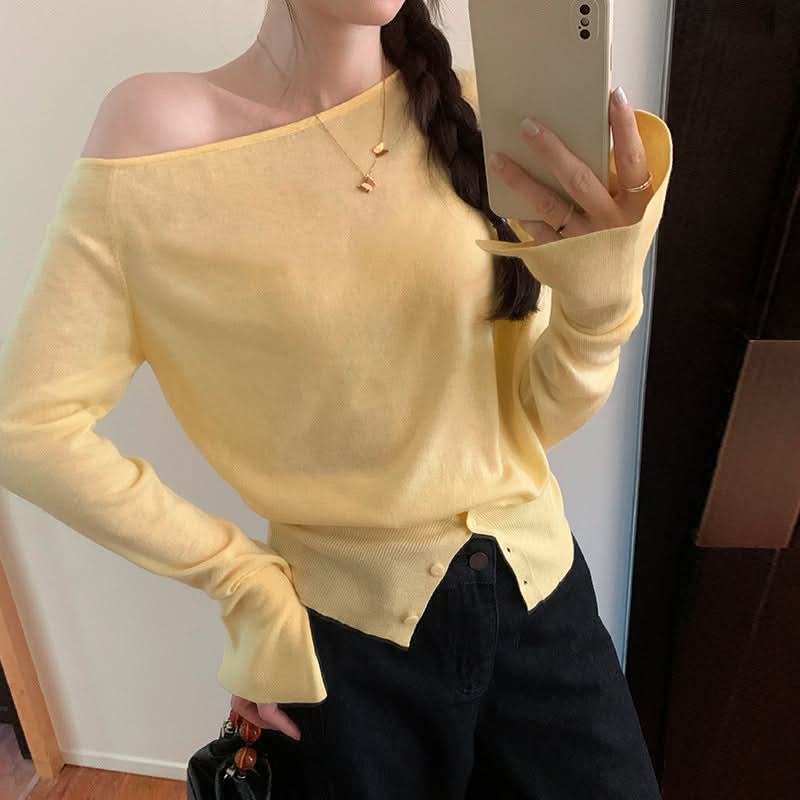 Laid-back Soft Style Off-Shoulder Asymmetrical One-Shoulder Loose Knit Top for Women
