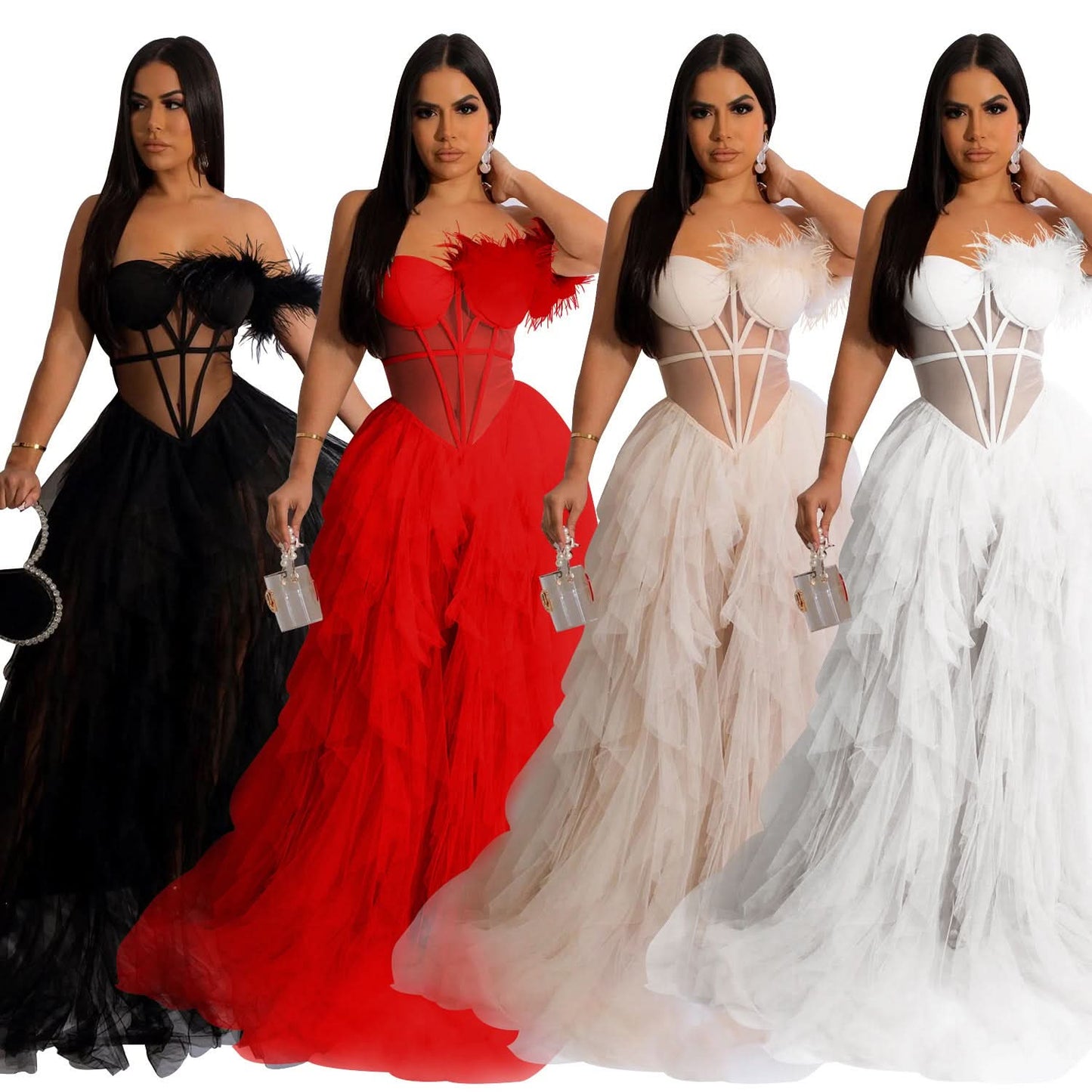 Fashion Women's Solid Color Sleeveless Bustier Mesh Long Dress