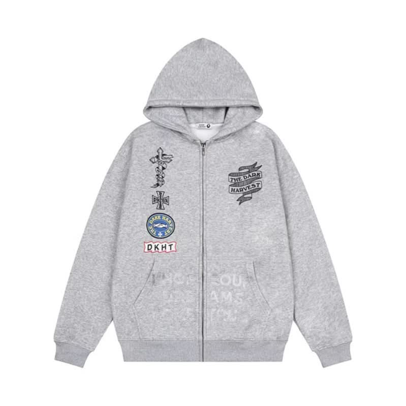 Embroidery Hooded Zip-Up Sweatshirt Unisex Loose Versatile Fleece Lined Jacket Trendy