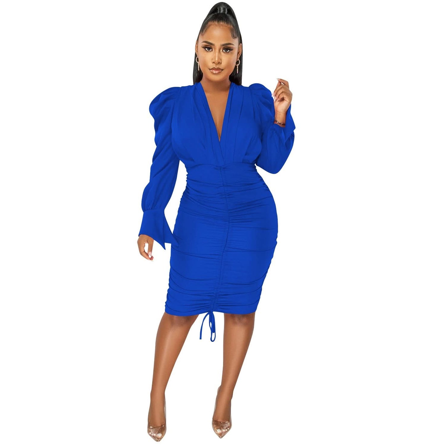 Fashionable Casual Solid Color Long Sleeve Pleated V-Neck Dress for Women
