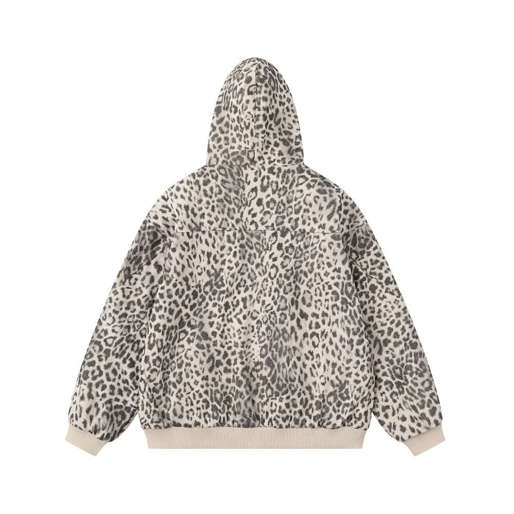Gefütterte Jacke mit Kapuze, Leopardenmuster und Wollkragen