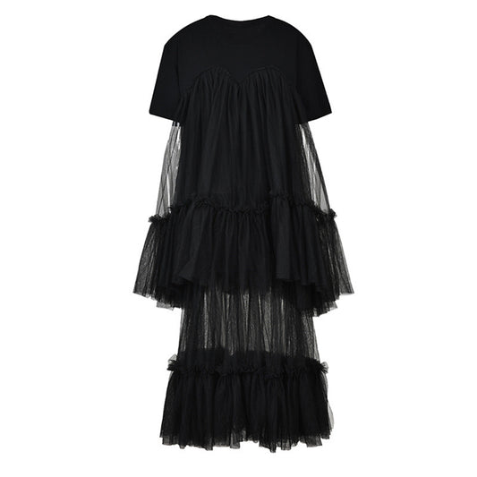 Luxury Mesh Spliced Dress For Women Short Sleeve Loose Causal Patchwork O-neck Dresses Summer New Tide Vestido