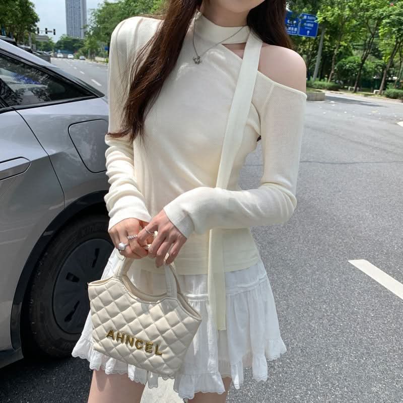 Lace-up Butterfly Sleeveless Long Sleeve T-Shirt for Women, Lightweight Chiffon Style, Elegant and Slim Fit Top