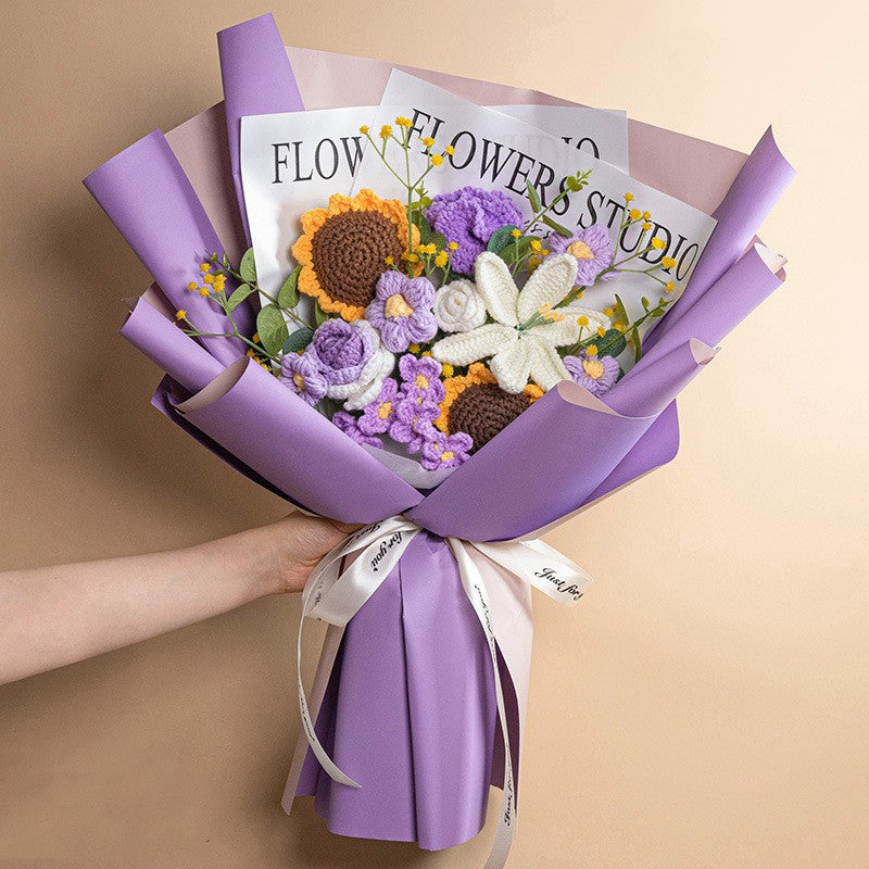 Knitted Wool Bouquet Finished Product with vibrant flowers in a purple wrapping, perfect for weddings and photography.