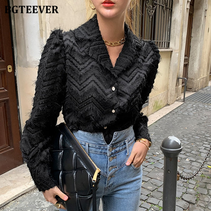 BGTEEVER Elegant Notched Collar Women Tassels Shirts Blouses  Spring New Single-breasted Female Workwear Shirts Tops Blusas