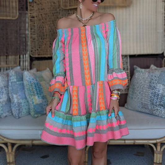 Patchwork A-Linien-Kleid mit ausgestellten Ärmeln für Damen