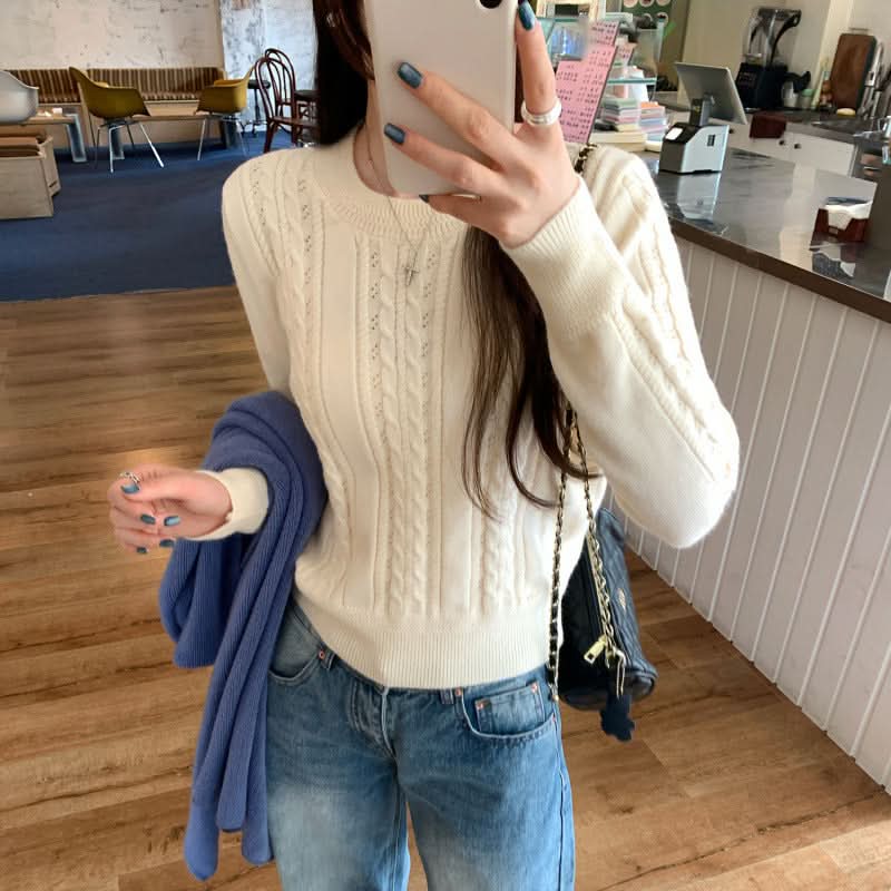 Cable Knit Crewneck Sweater Long Sleeve Inner Layer Knitwear for Women Unique Single Wear Top