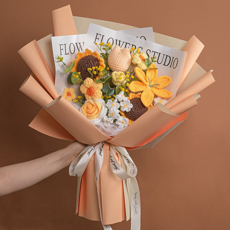 Knitted Wool Bouquet Finished Product with yellow and brown flowers, ideal for weddings and photography props.