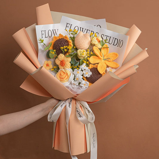 Knitted Wool Bouquet Finished Product with yellow and brown flowers, ideal for weddings and photography props.