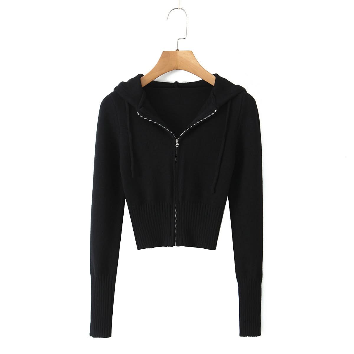 Elastic slim fit drawstring hooded zipper top