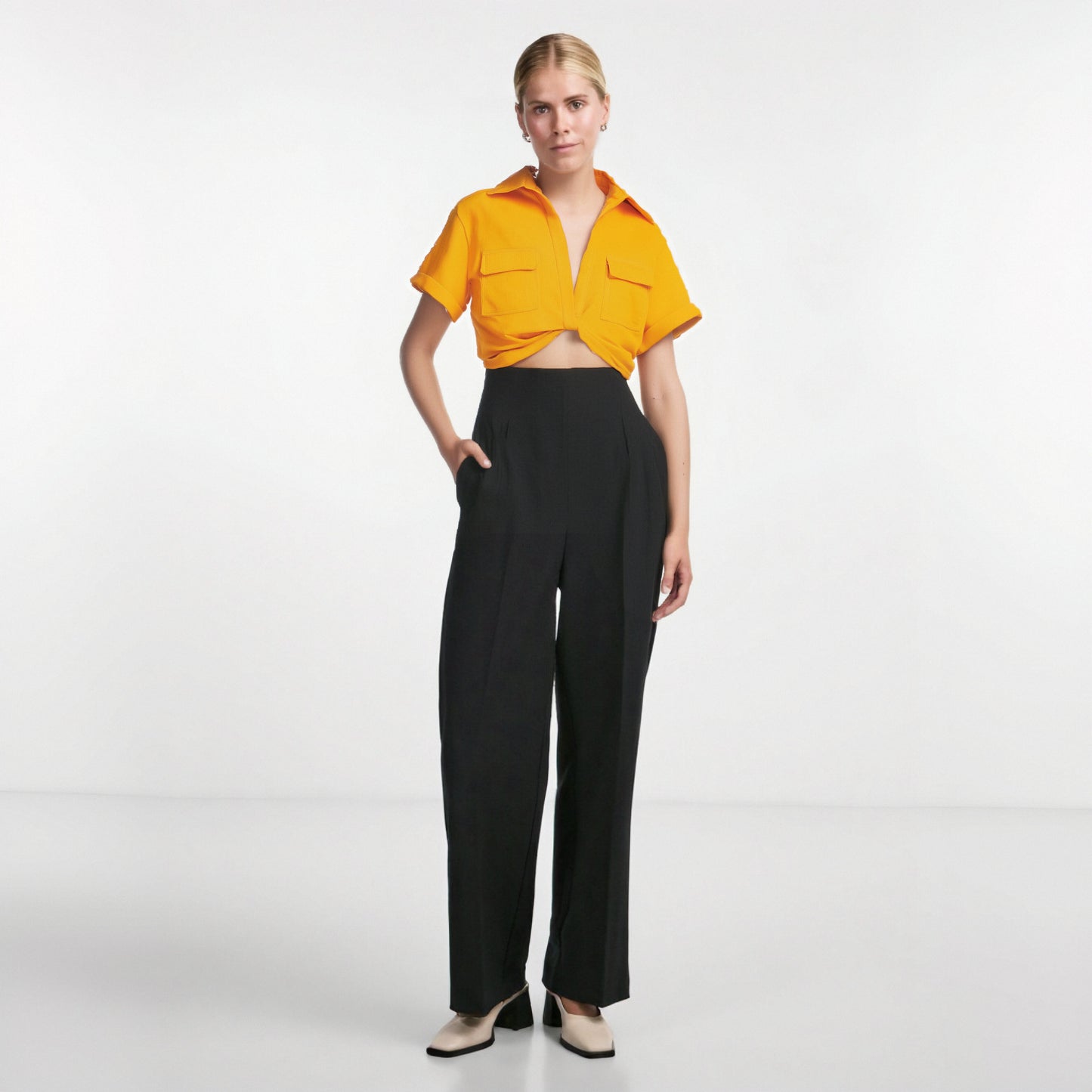 Blouse Women Fashion Front Knot Elastic Linen Cropped Shirts Vintage Short Sleeve Patch Pockets Female Blouses Blusa Chic Tops