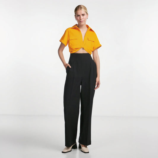 Blouse Women Fashion Front Knot Elastic Linen Cropped Shirts Vintage Short Sleeve Patch Pockets Female Blouses Blusa Chic Tops