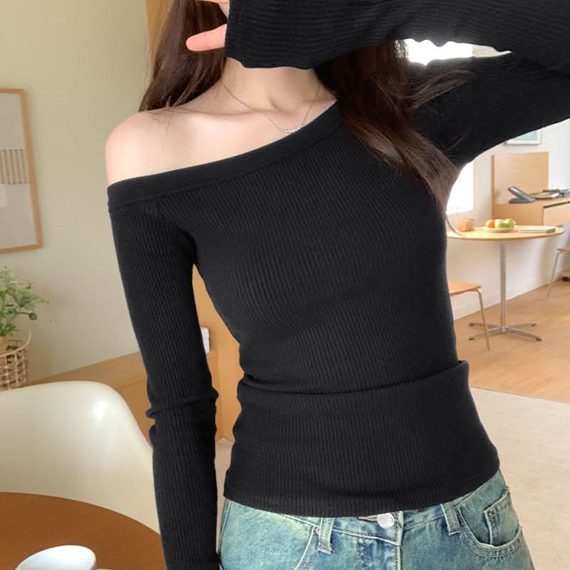 Irregular Slim-Fitting Shoulder-Baring Black Long Sleeve T-Shirt for Women, Versatile Knit Top