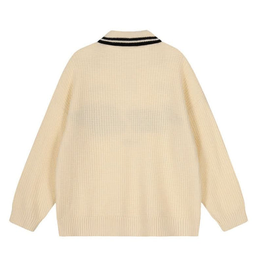 Letter Polo Neck Sweater Oversize Couple Knitwear Top