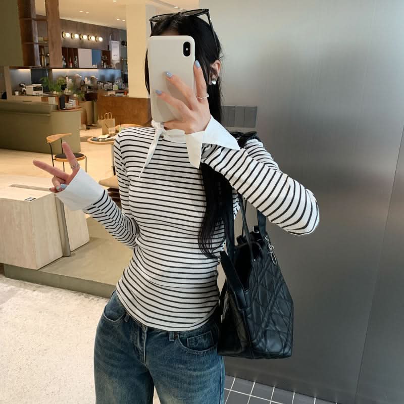 Elegant Stripe Mock Neck Tie-Front Long Sleeve Inner Top for Women