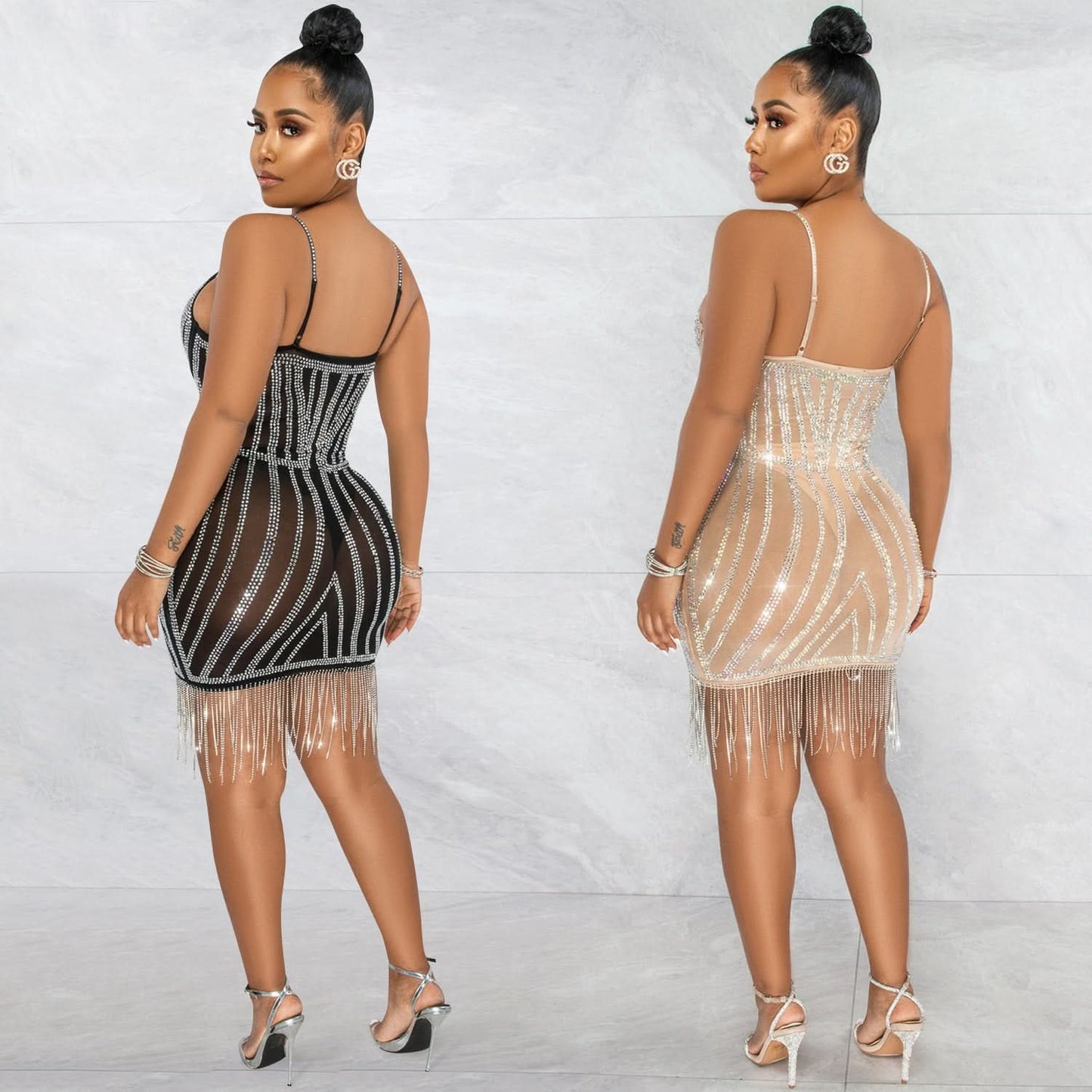 Sexy Embellished Strapless Sleeveless Crop Top Dress with Fringe Details