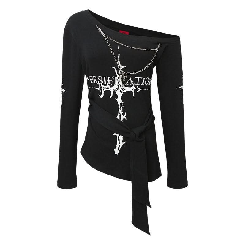 Edgy Irregular Off-Shoulder Fitted Long Sleeve T-Shirt