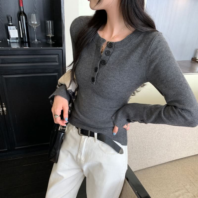 Style Henley Neck Knit Sweater for Women, Slim Fit Long Sleeve Pullover Top