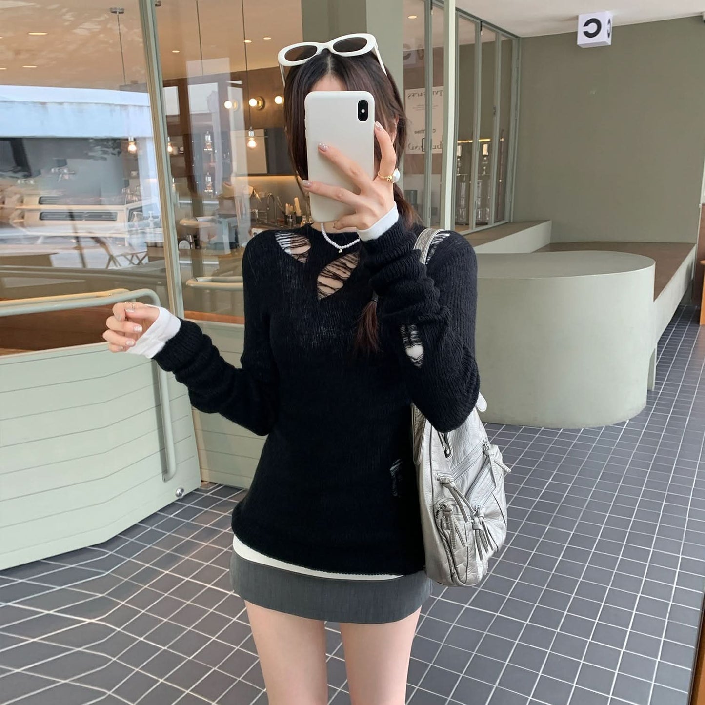 Design Sense Irregular Hole Cut-Out Sexy Long Sleeve Knit Top for Women